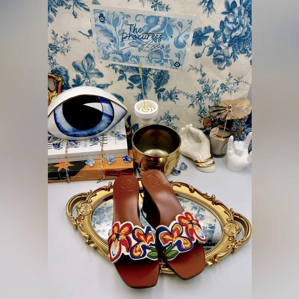 🆕 TORY BURCH 🧿 NWOB Bianca Floral Bead Embellished Slide Sandal, Sz 6.5